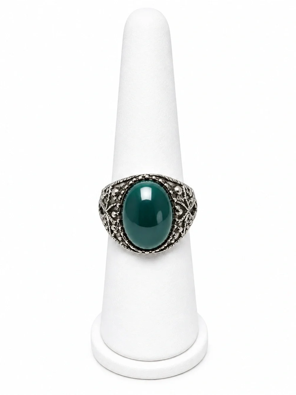 Green cabochon marcasite statement ring size 8